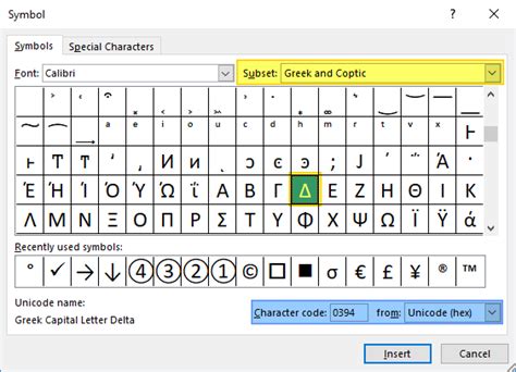 How to insert a delta symbol in Excel (Δ)