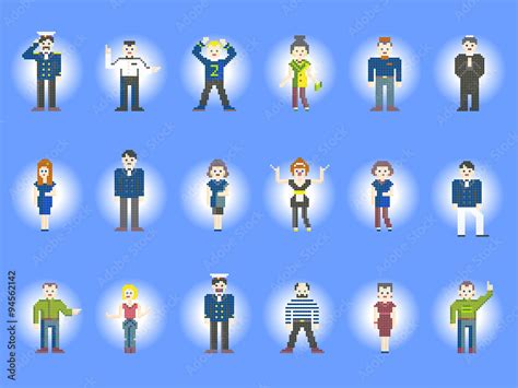 Set of characters pixel people. Different pixel characters, male and female, isolated on light ...