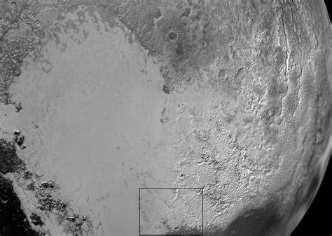 Pluto’s ‘Heart’: The brilliantly white upland region to the right may be coated by nitrogen ice ...