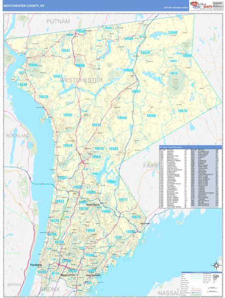 Westchester County, NY Zip Code Wall Map Basic Style by MarketMAPS