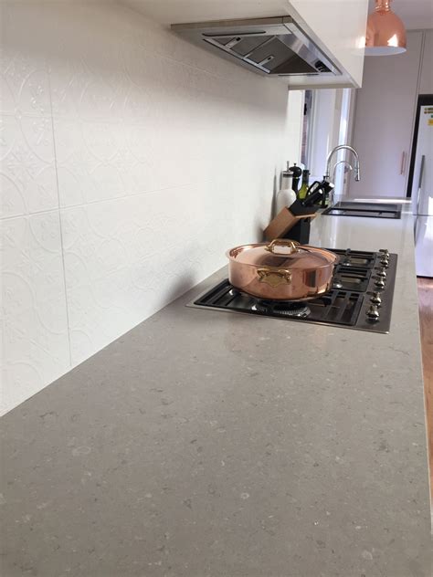 Our new kitchen! Clamshell Caesarstone, cabinetry in Dulux 'limed white quarter', splashback ...