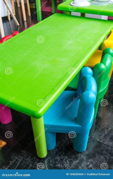 Colorful Plastic Table and Chairs for Kids in Art School. Stock Photo - Image of indoor, house ...