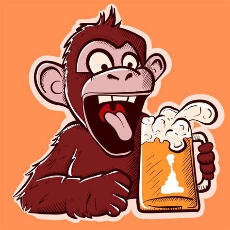 Digital art of a thirsty monkey drinking a pint of beer. Funny cartoon ape with fur celebrating ...