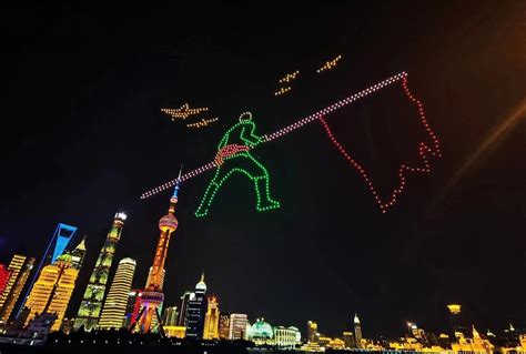 Light show with drones over Huangpu River, Shanghai to promote ‘The Eight Hundred’, upcoming ...