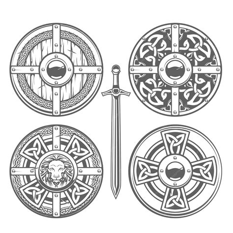 Premium Vector | Set of round shields with celtic pattern and medieval ...