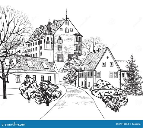 Old Town Cityscape With Street. Sketch Of Historic Building And House. Stock Images - Image ...