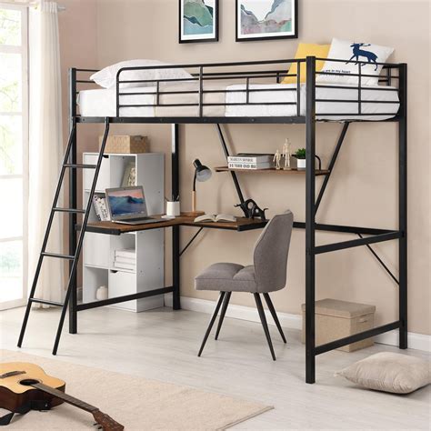 Twin Size Loft Bed with Desk and Ladder, Metal Bed Frame for Kids Teens, Black 76.77x38.5x71inch ...