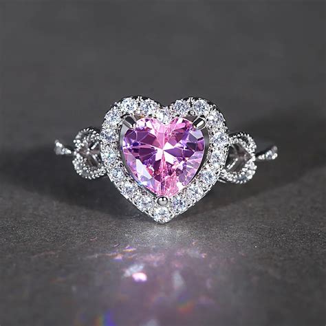 Utimtree Trendy Pink Heart Crystal Wedding Engagement Rings For Women Jewelry Decoration Cubic ...