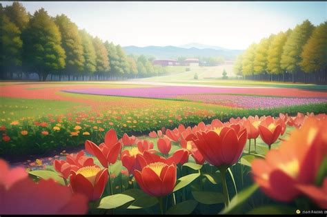 Premium AI Image | A painting of tulips in a field with a field of ...