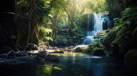 Premium Photo | A photo of a hidden waterfall in a lush forest dappled ...