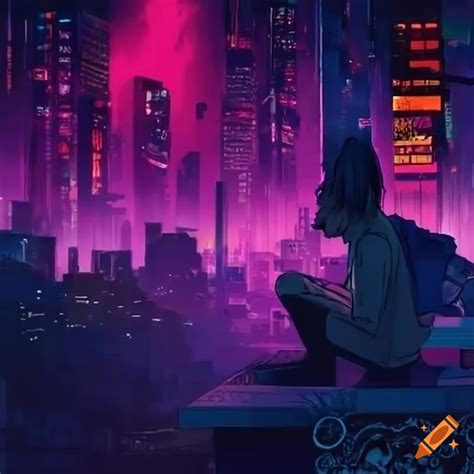 Anime man observing cyberpunk cityscape on Craiyon