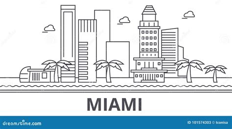 Miami Architecture Line Skyline Illustration. Linear Vector Cityscape with Famous Landmarks ...