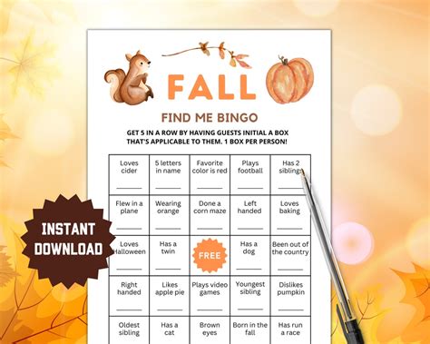 Fall Bingo Game Fall Game Fall Game Printable Fall Party Game Fall Game for Kids Adult Autumn ...