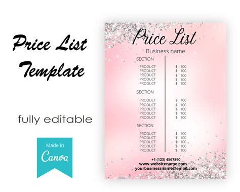 Price list Template editable in Canva Blush pink Pricelist | Etsy