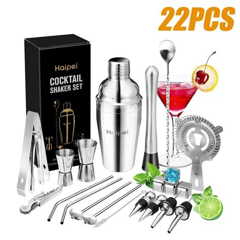 22Pcs Cocktail Shaker Bartender Tool Set, Professional Shaker Mixer Making Kit Stainless Steel ...