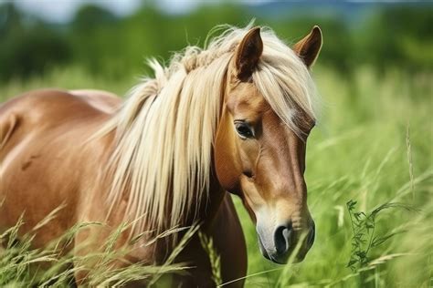 AI generated Brown horse with blond hair eats grass on a green meadow ...