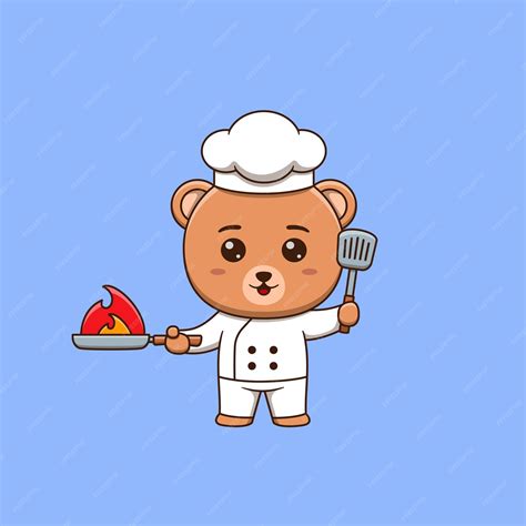 Premium Vector | Cute bear chef holding spatula and Burning Frying Pan