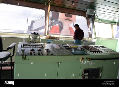 Interior of the Bridge, control center of the ship on container ship ...