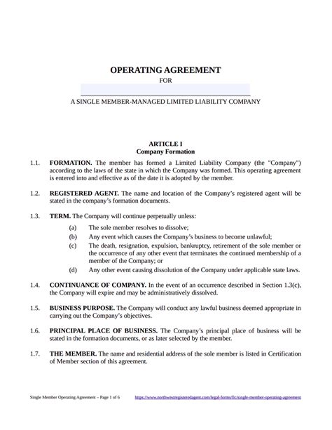 Free Single Member LLC Operating Agreement Template