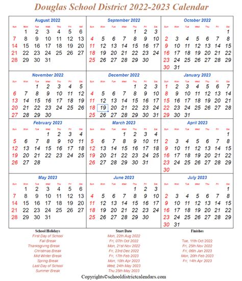 Douglas School County District 2022-2023 Calendar With Holidays