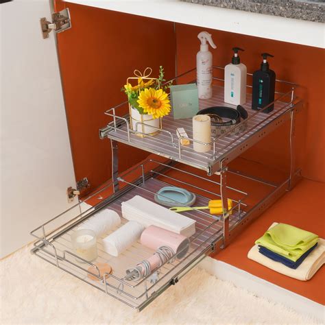 BENTISM 2 Tier Wire Pull Out Cabinet Under Sink Organizer Drawer Cabinet Storage Metal Shelf ...