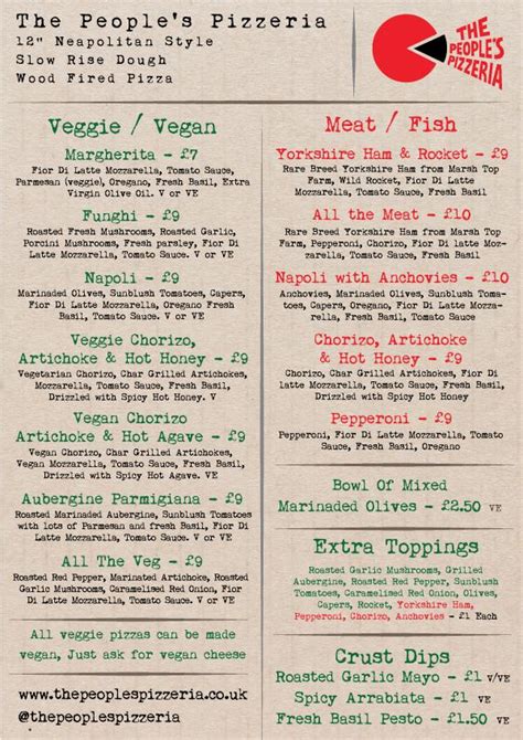 Menu at The People's Pizzeria, Hebden Bridge