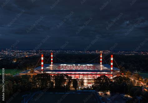 Night aerial view of the illuminated RheinEnergieStadion (Müngersdorfer ...