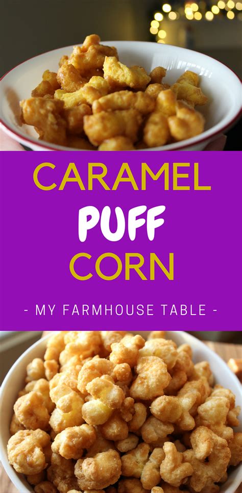 some food that is in a bowl and the words caramel puff corn are above it