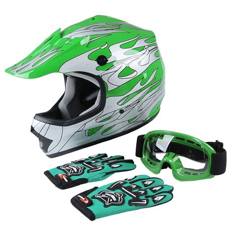 TCMT DOT Helmet for Kids & Youth Green Flame with Goggles & Gloves for Atv Mx Motocross Offroad ...