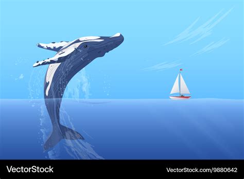 Jump humpback big huge whale near small boat ship Vector Image