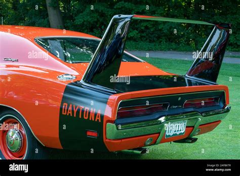 PLYMOUTH, MI/USA - JULY 28, 2019: Closeup of a 1969 Dodge Daytona Charger 426 Hemi wing on ...