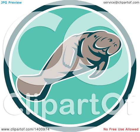 Clipart of a Retro Manatee Swimming in a Teal White and Turquoise Circle - Royalty Free Vector ...