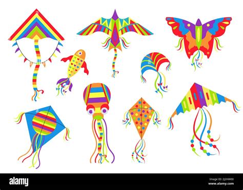 Kites of different types vector illustrations set. Designs of flying ...