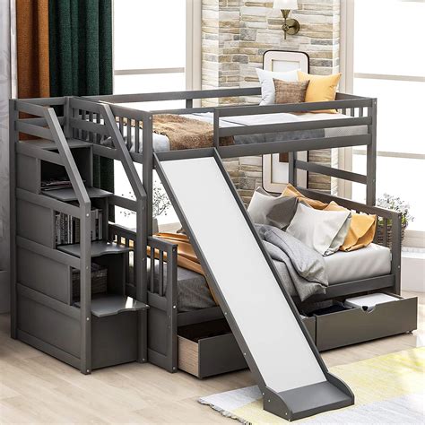 Amazon.com: Twin Over Full Bunk Bed with Storage and Slide,Stackable Wood Twin Over Full Bunk ...