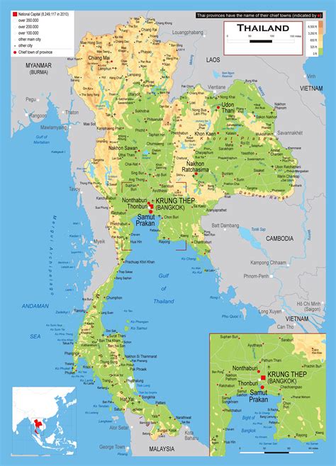 Large elevation map of Thailand with roads, cities and airports ...