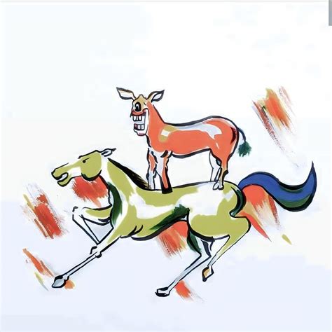 two horses are running side by side in an artistic manner, one is ...