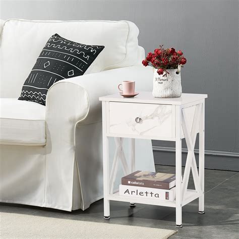 VECELO End Side Table Nightstand with Drawer and Storage Shelf for Living Room Bedroom,White ...