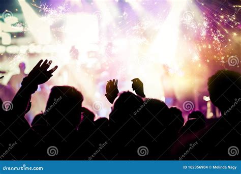 New Year Concept - Cheering Crowd and Fireworks Editorial Stock Image - Image of gathering ...