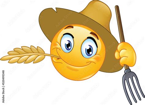 Happy farmer or rancher emoji emoticon chewing a barley straw and holding a pitchfork Stock ...