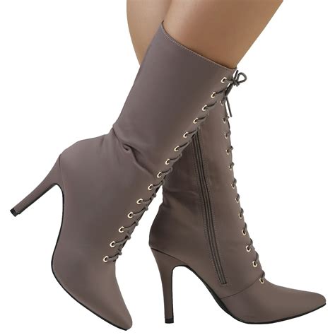 Keri Womens High Stiletto Heels Zip Lace Up Mid Calf Boots Ladies Shoes Size New | eBay