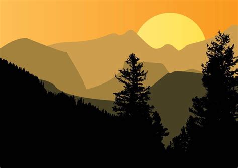 Free mountain landscape vector illustration with hill tops silhouettes, trees and sunset. A ...