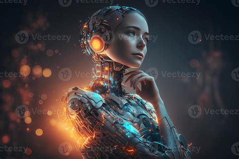 Woman Ai Robot using brain, Humanoid on glowing light background. 21862611 Stock Photo at Vecteezy