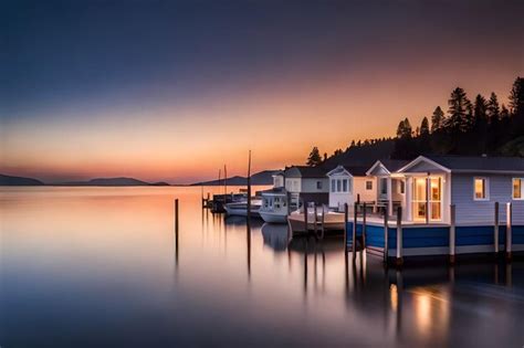 Premium AI Image | a boathouse sits on the water with the sun setting ...