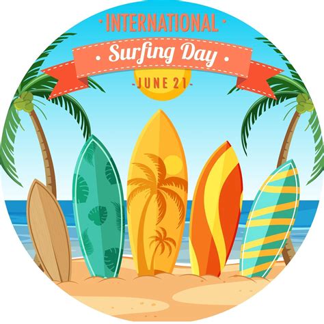 International Surfing Day banner with many surfboards on the beach ...