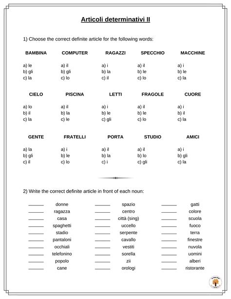 Italian Definite Articles Worksheets - Articoli determinativi - Free Printable Download - The ...