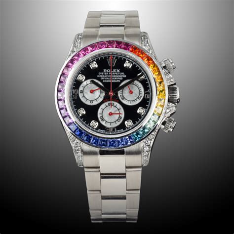 Rolex Daytona Cosmograph Rainbow Crystals Bezel Stainless Steep Strap Black