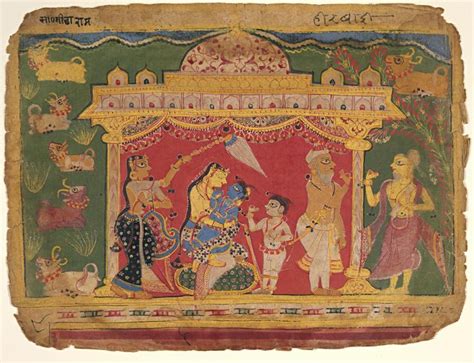 Folio from a Bhagavata Purana: Yashoda nursing the child Krishna. Opaque watercolour on paper ...