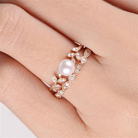 Pearl Rose Gold Engagement Ring Set Flower Bridal Ring Diamond | Etsy