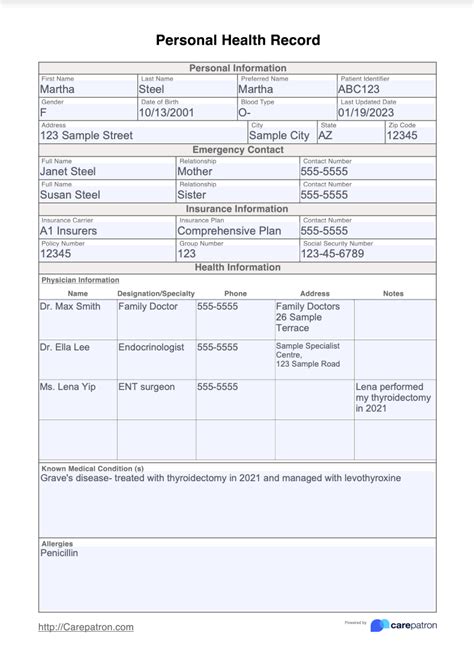 Personal Health Record Template & Example | Free PDF Download