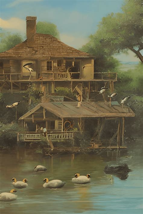 Oil Painting Realistic Vintage Lake House with Flock of Birds ...